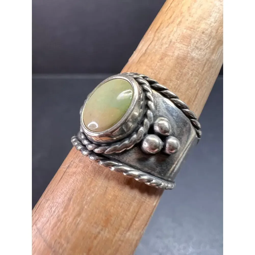 Vintage Sterling Silver Size 6 Ring | Artisan Style Green Cabochon Band